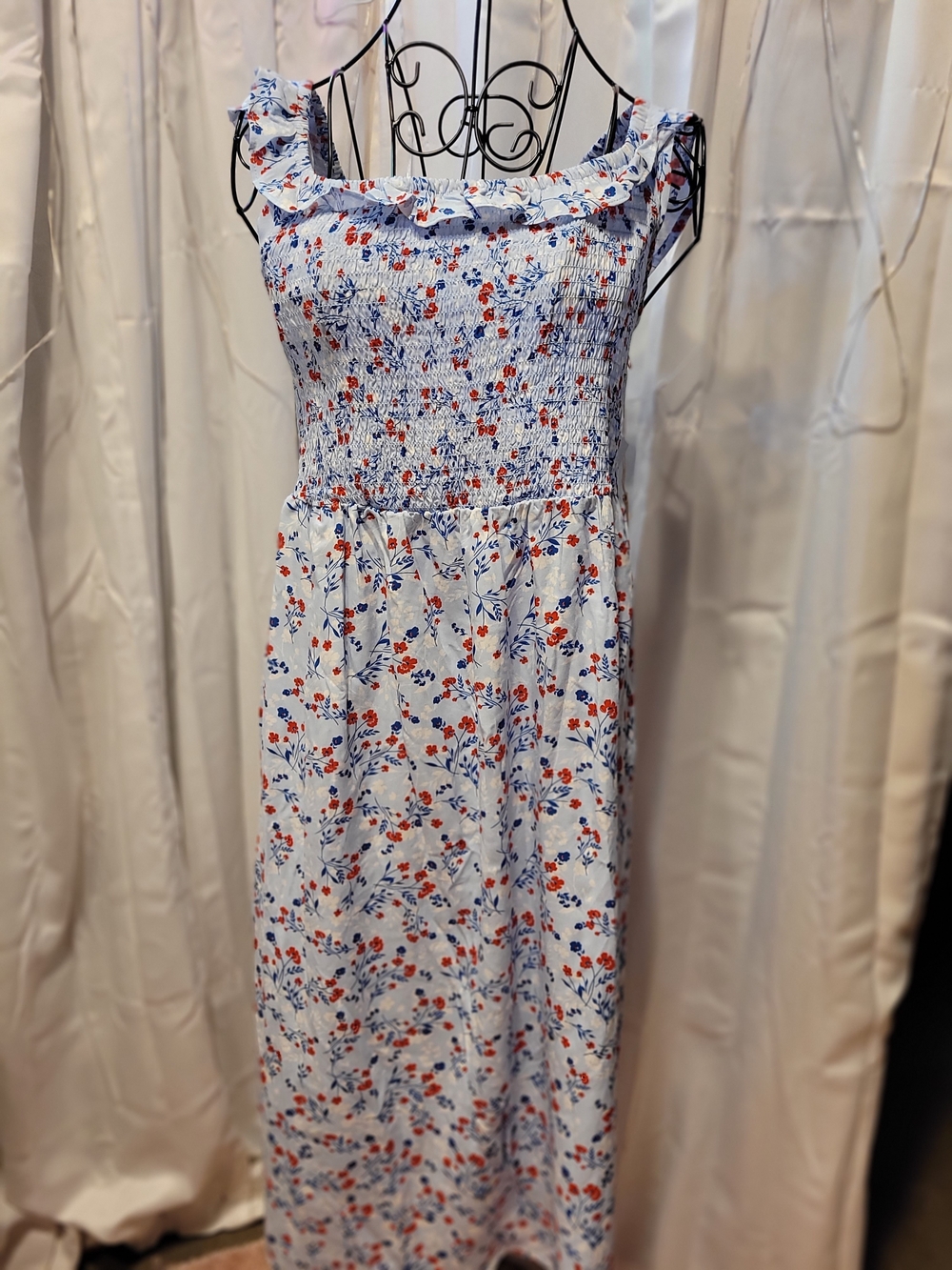 Smocked Floral Maxi Dress in White with Blue & Red Print